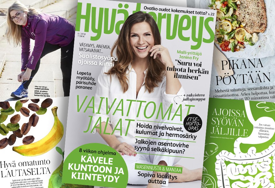 hyvä terveys lehti uusi numero uusin numero kansi sisältö janina fry vaivattomat jalat jalkavaivat syöpä suolisto suolistosyöpä parisuhde paranee kävellen  kuntoon 8 viikon ohjelma oudot kokemukset masennus mania selkäkipu jalkakipu jalkajumppa