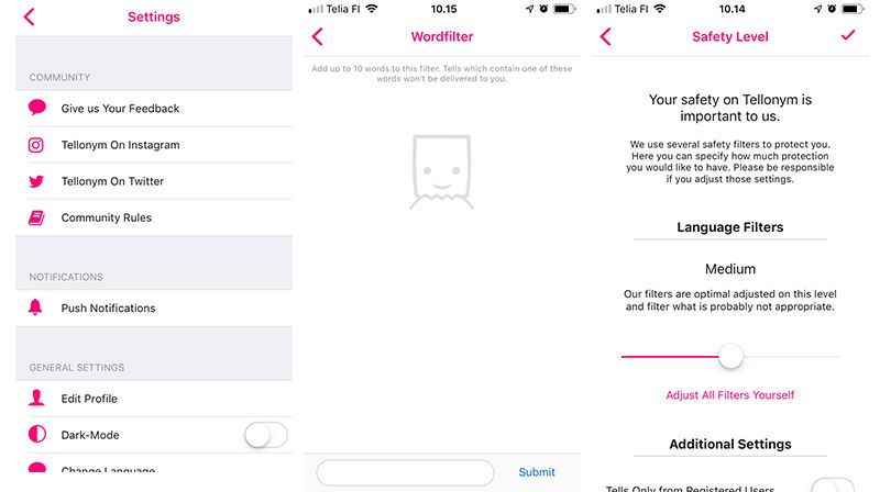 Tellonymiin saa asetettua sanasuodattimen, joka estää tietyn sanan sisältävät viestit vastaanottajalta. Kuva: kuvakaappaus 