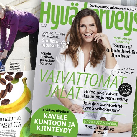 hyvä terveys lehti uusi numero uusin numero kansi sisältö janina fry vaivattomat jalat jalkavaivat syöpä suolisto suolistosyöpä parisuhde paranee kävellen  kuntoon 8 viikon ohjelma oudot kokemukset masennus mania selkäkipu jalkakipu jalkajumppa